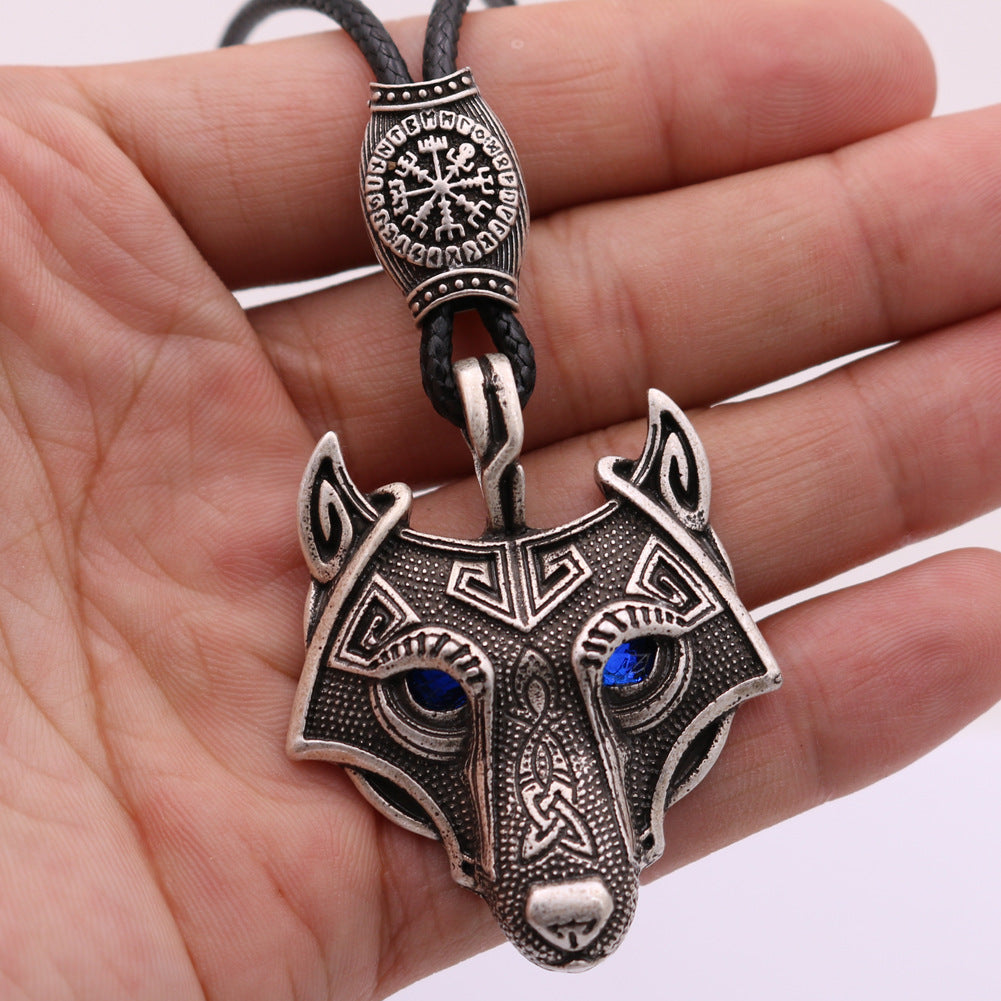 Viking Wolf Head Necklace with Celtic Knot Rune Beads for Men from Norse Legacy Collection