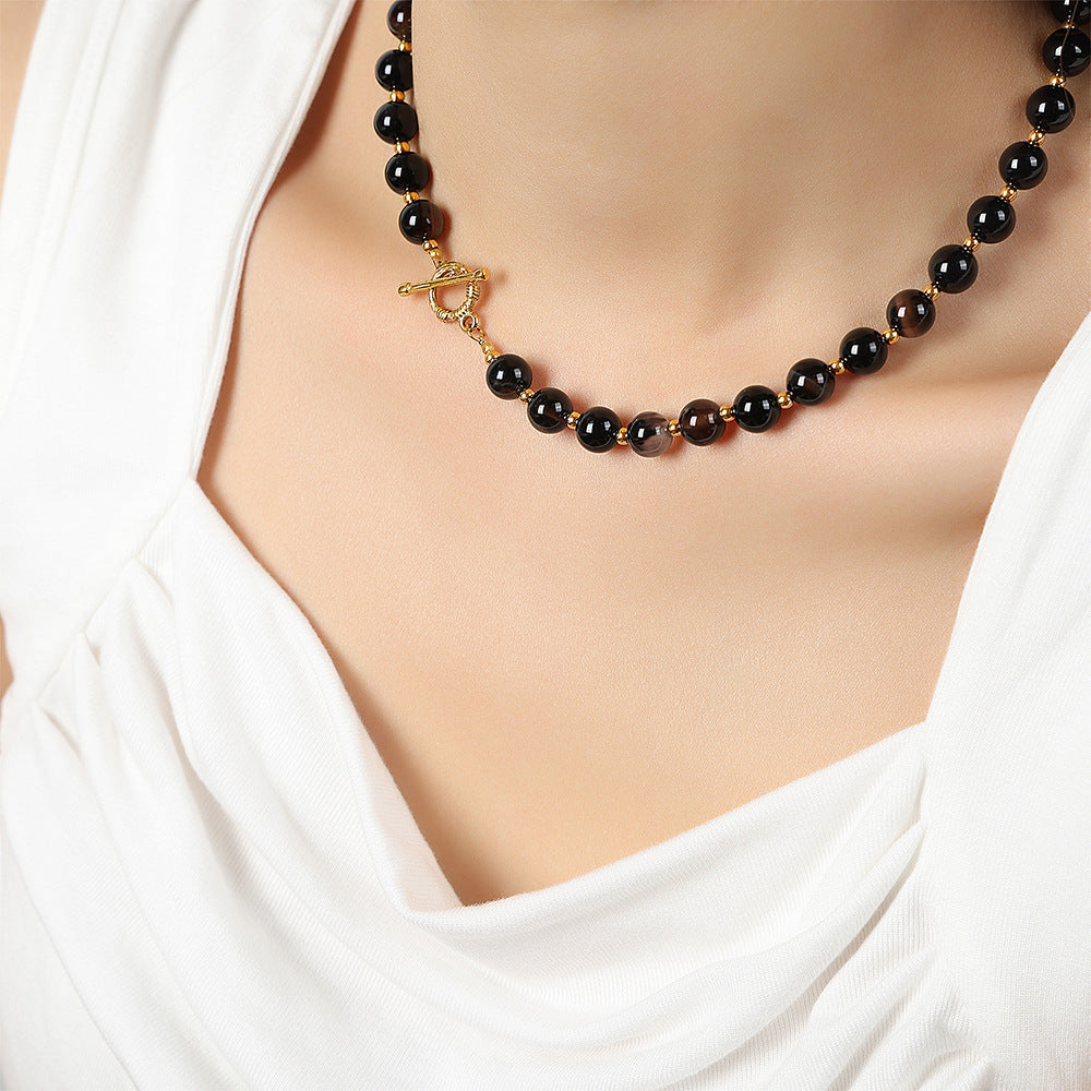 Exquisite Handcrafted Black Agate Necklace with Elegant OT Buckle