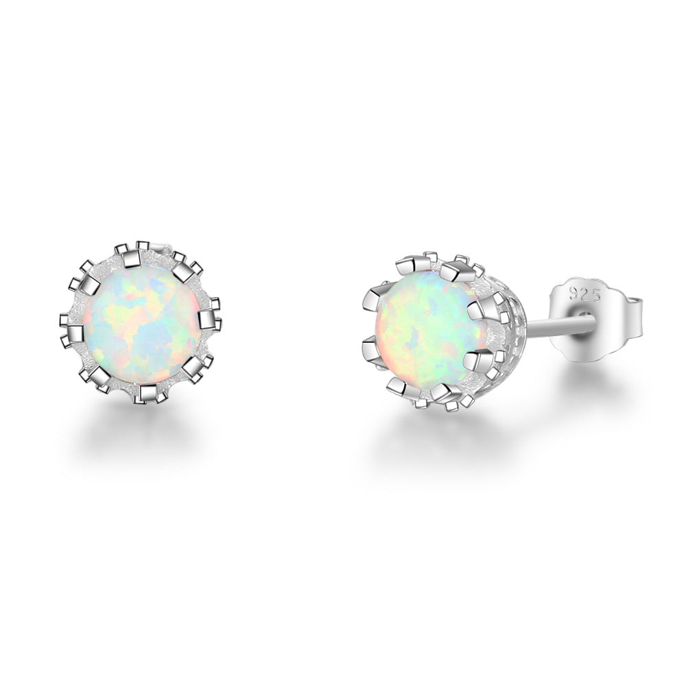 Crown Shape Prongs Round Opal Sterling Silver Stud Earrings