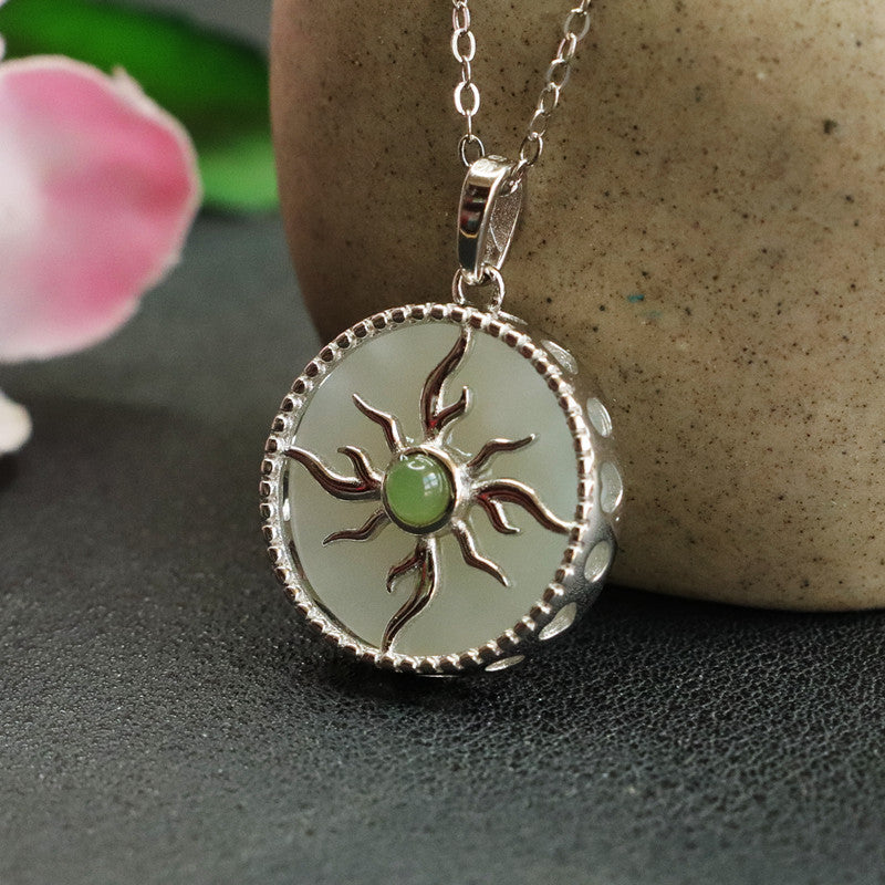 S925 Silver Natural Hotan Jade Pendant Round Pendant Sun Necklace Jewelry