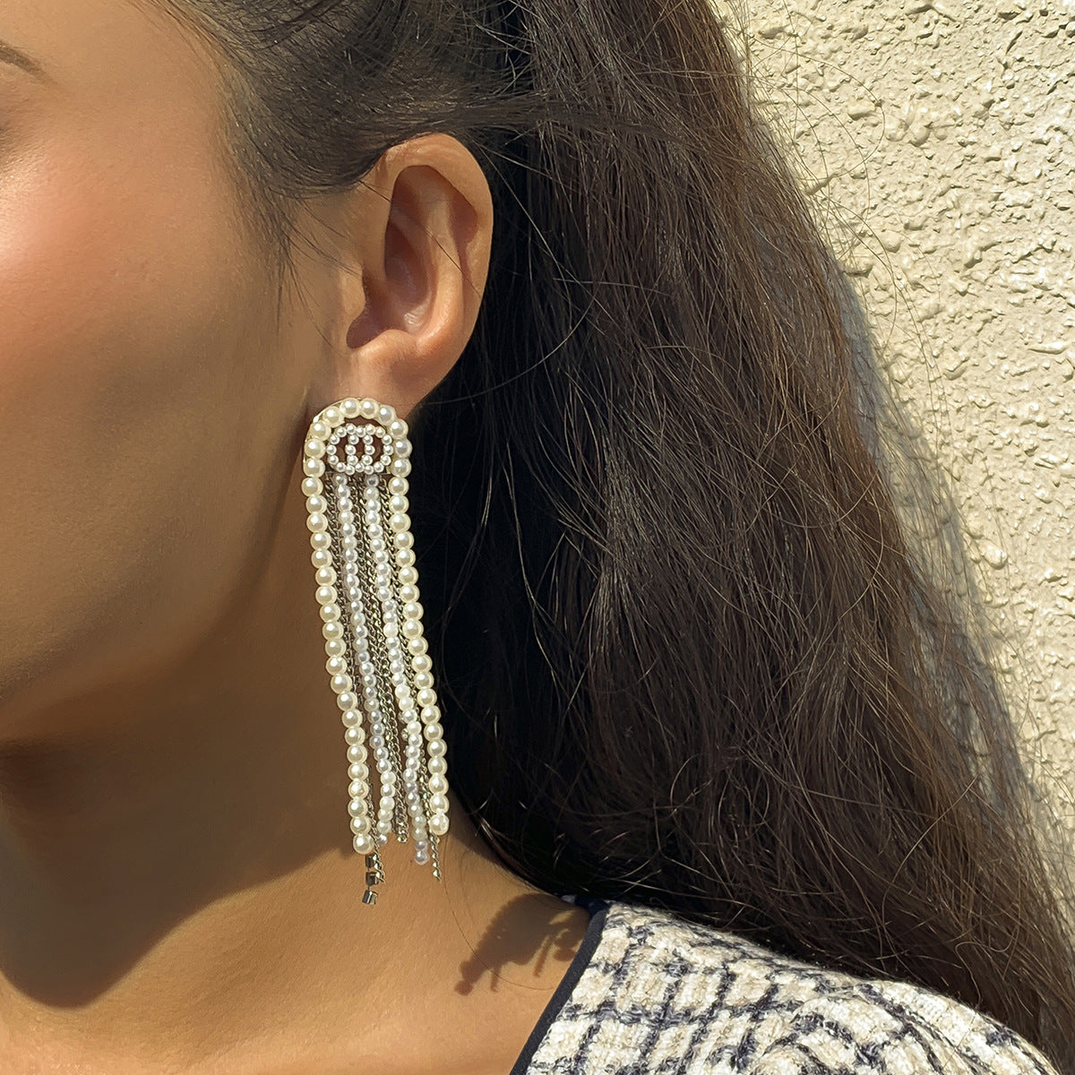 Pearl Tassel Earrings with Geometric Chains and Inlaid Gems