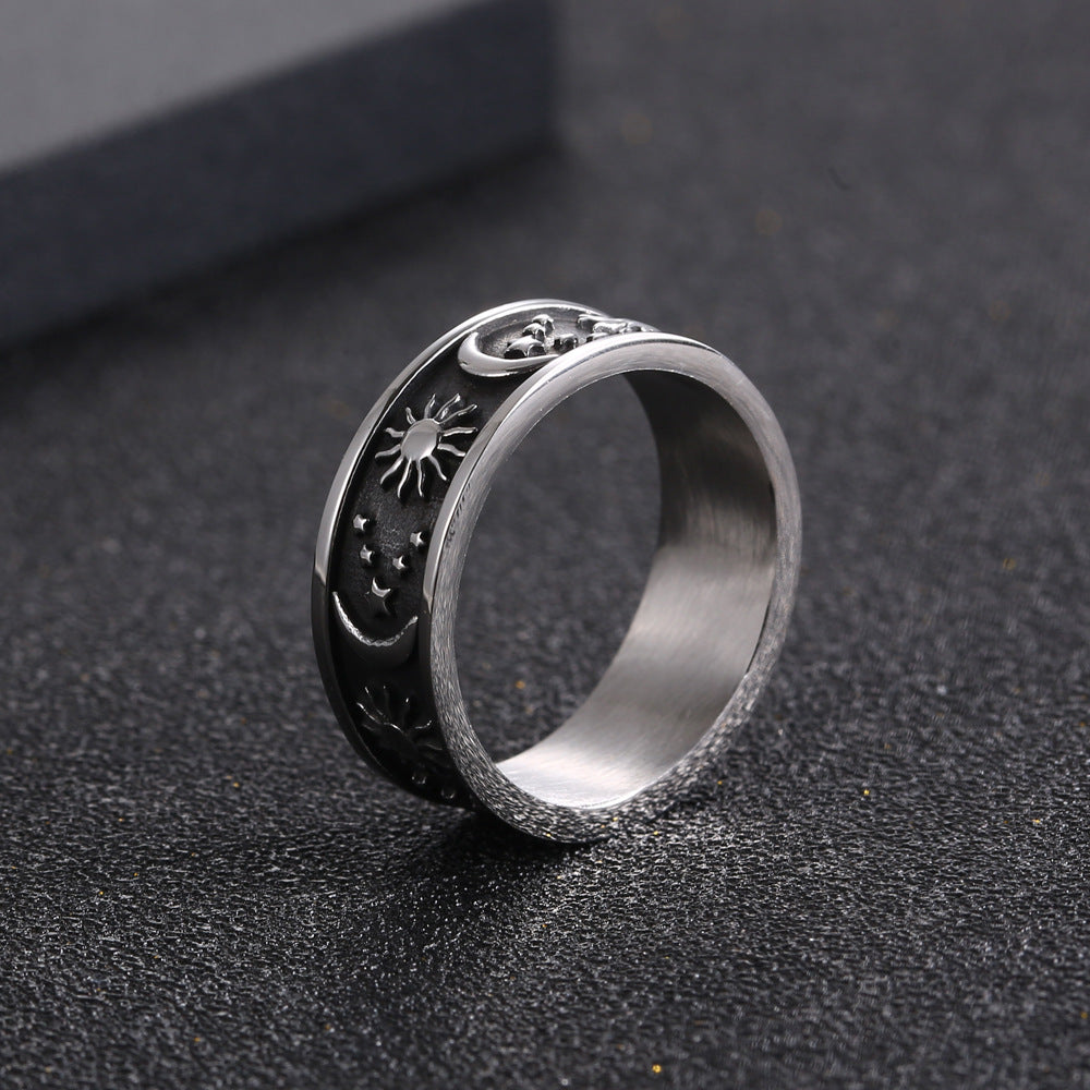 Personalized Retro Hip-Hop Stainless Steel Ring for Men with Star, Sun, and Moon Design