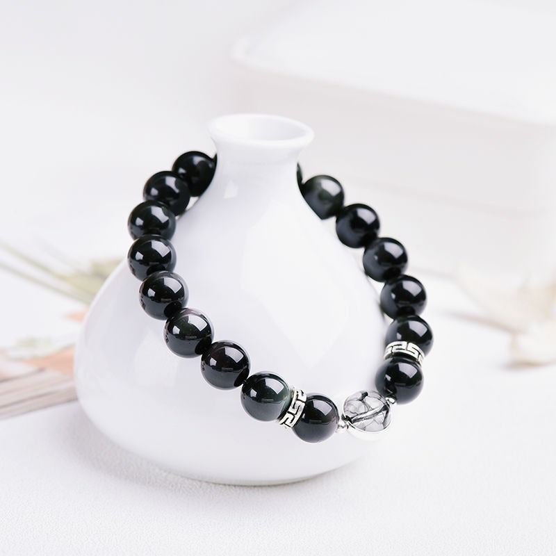 Obsidian Black Hair Crystal Couple Bracelet Set for Women - Sterling Silver Summer Birthday Gift for Girlfriends