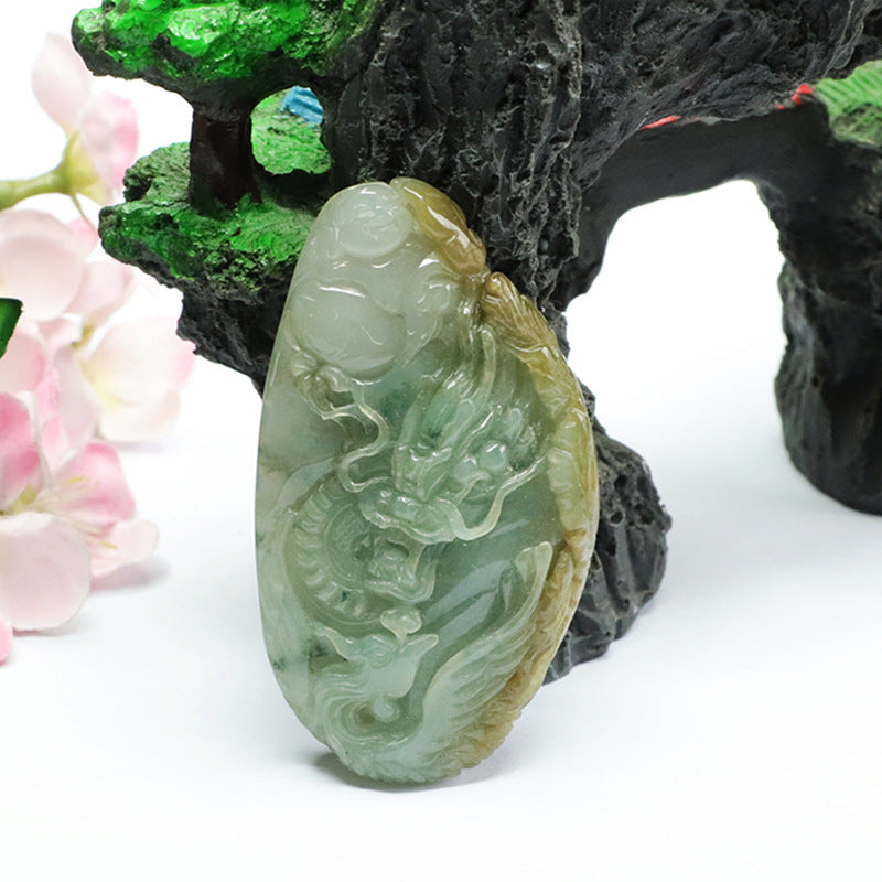 Green and Gold Dragon Phoenix Buddha Jade Pendant