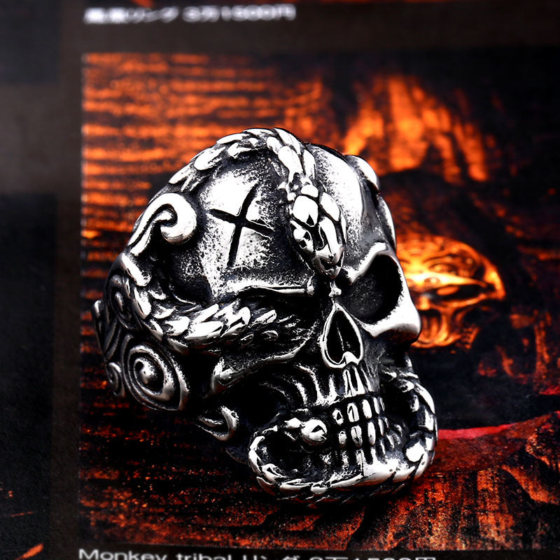 Skull and Snake Titanium Steel Ring for Men - Bold Retro Style Jewelry