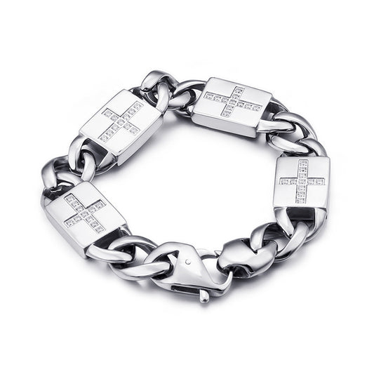 Trendy Titanium Steel Cross Zircon-Studded Hip-Hop Bracelet for Men and Women