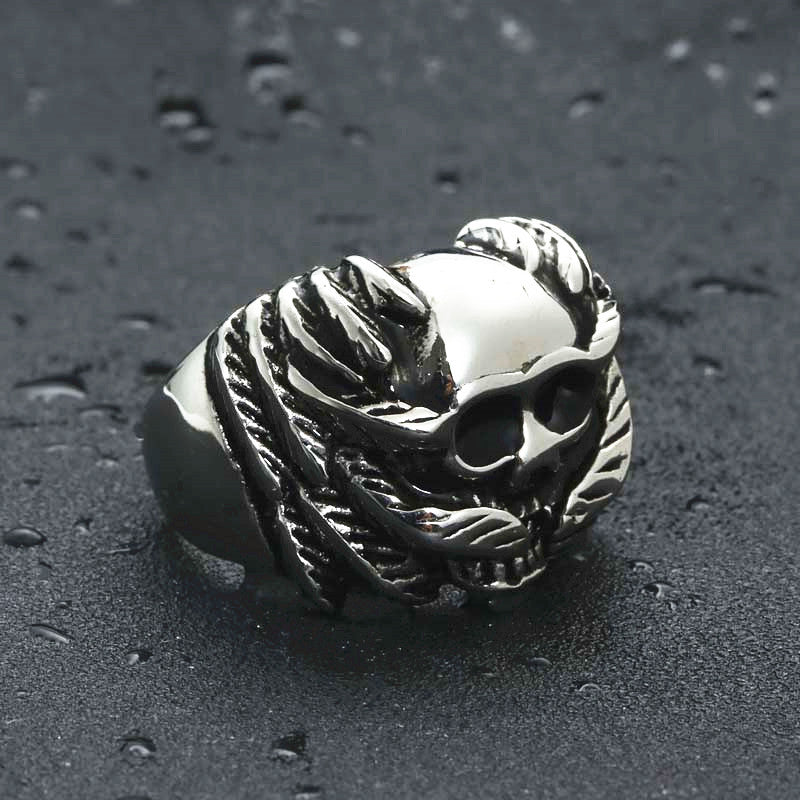 Titanium Steel Feather Skull Ring - Retro Punk Jewelry for Men