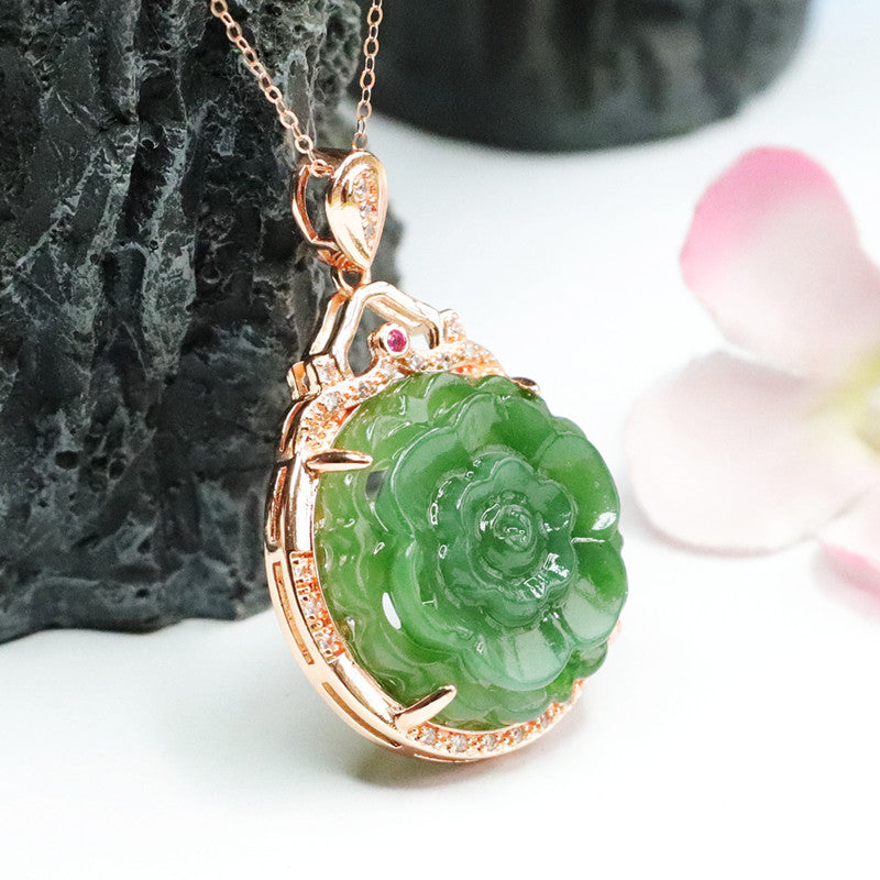 Jade Peony Flower Sterling Silver Necklace with Zircon