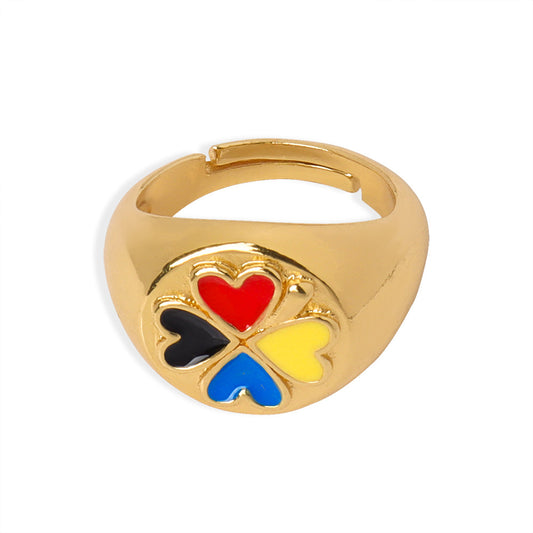 Enamel Glaze Copper Heart Clover Ring Women's Jewelry