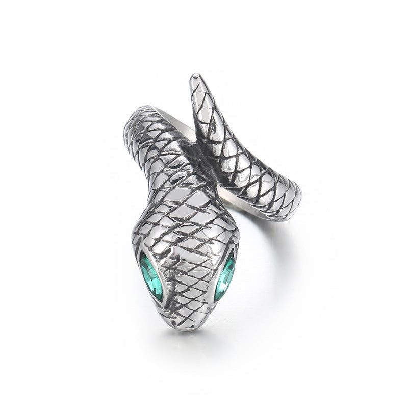 Niche Design Stainless Steel Snake Ring with Creative Green Eye for Trendy Men