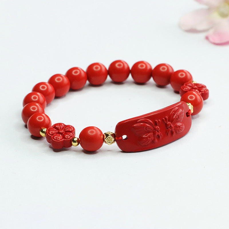 Red Butterfly Cinnabar Stone Sterling Silver Bracelet