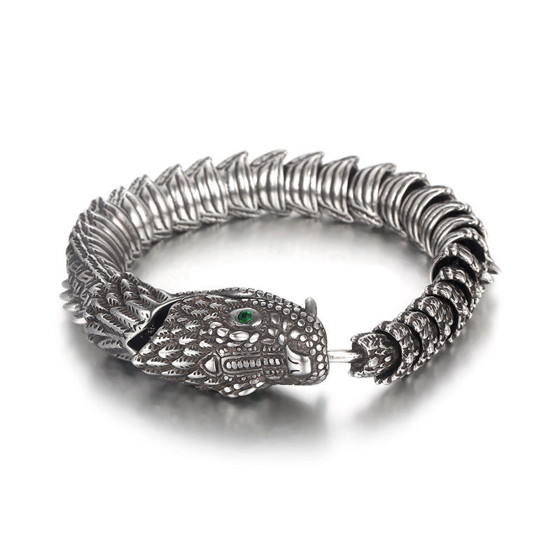 Punk Retro Dragon Bracelet for Men with Smeared Green Eyes in Titanium Steel