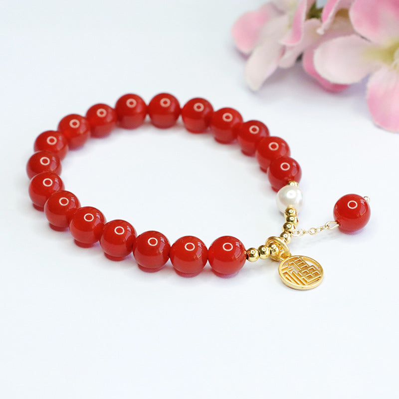 Red Agate and Pearl Sterling Silver Bracelet - Fortune's Favor Collection by Planderful