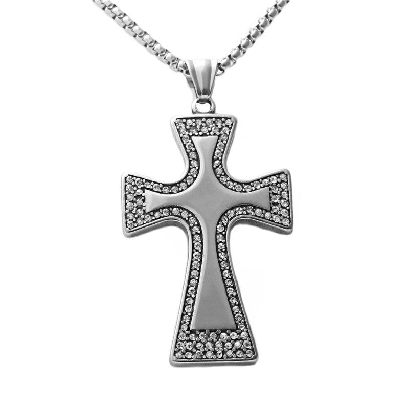 Personalized Titanium Steel Cross Pendant Necklace for Men - Retro Punk Style with Stone Accent