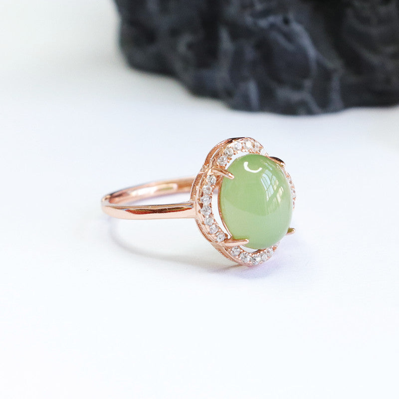 The Fortune's Favor Collection: Sterling Silver Petal Zircon Ring with Hetian Jade