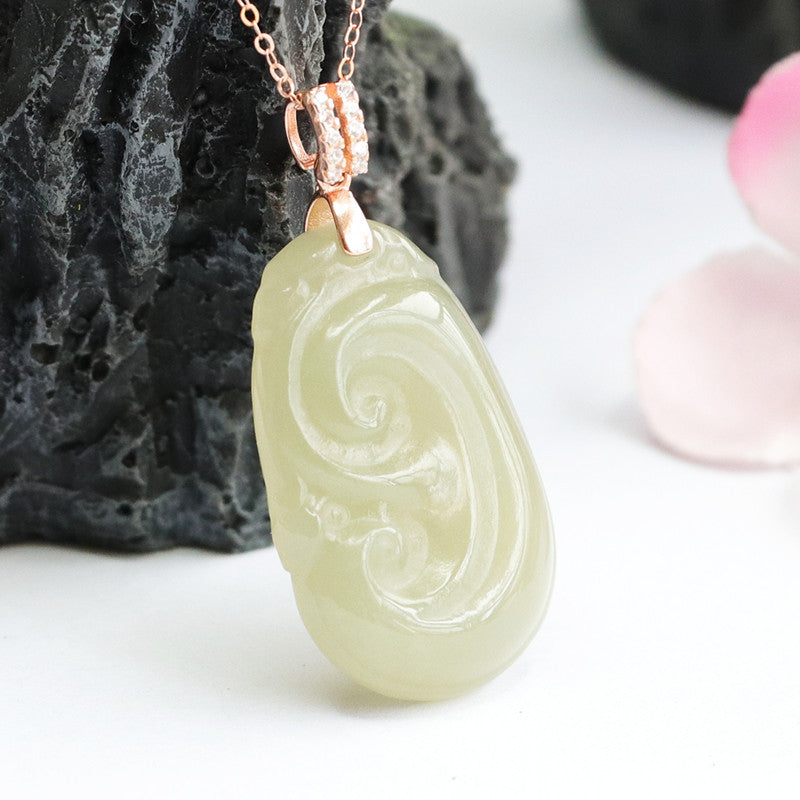 Ruyi Jade Zircon Rose Gold Necklace with Hotan Jade Gemstone