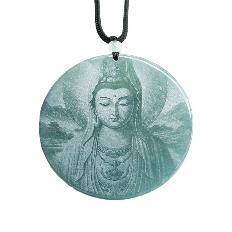 Guanyin Bodhisattva Carved Jade Pendant with Sterling Silver Chain