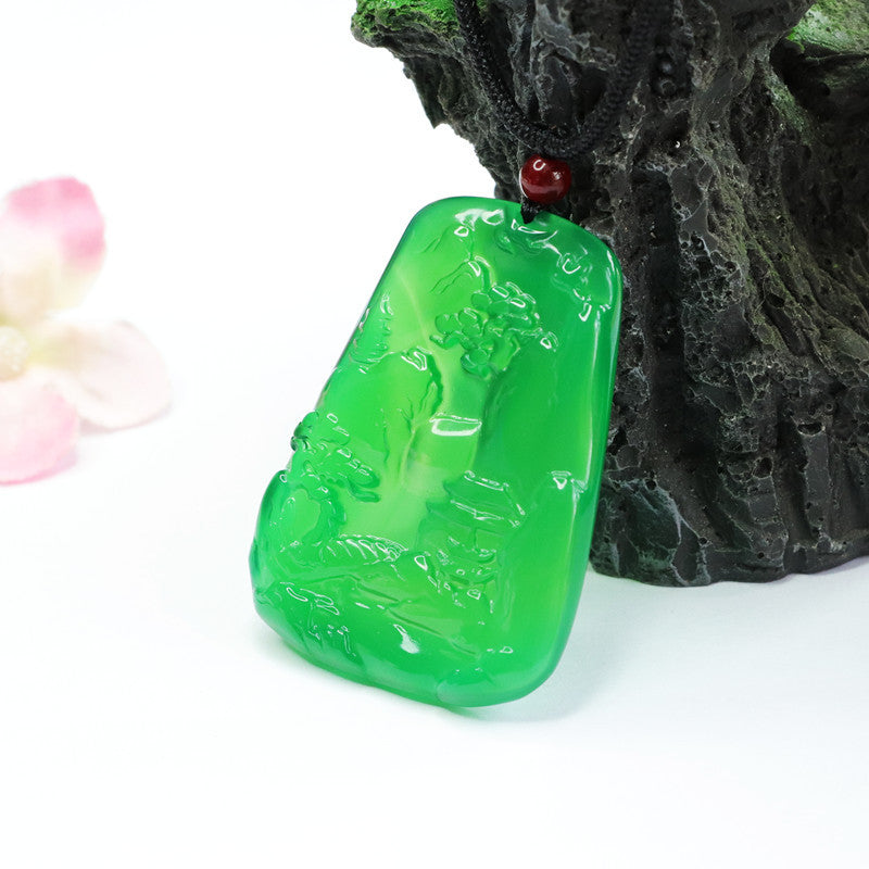 Natural Green Chalcedony Carving Landscape Pendant Jewelry