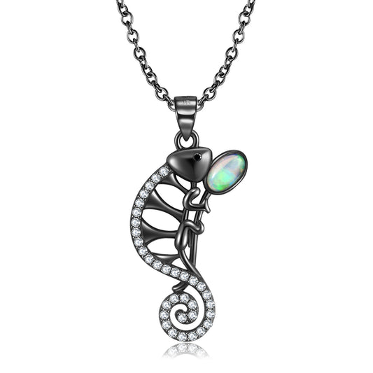 Hollow Chameleon Opel Stone Zircon Silver Necklace