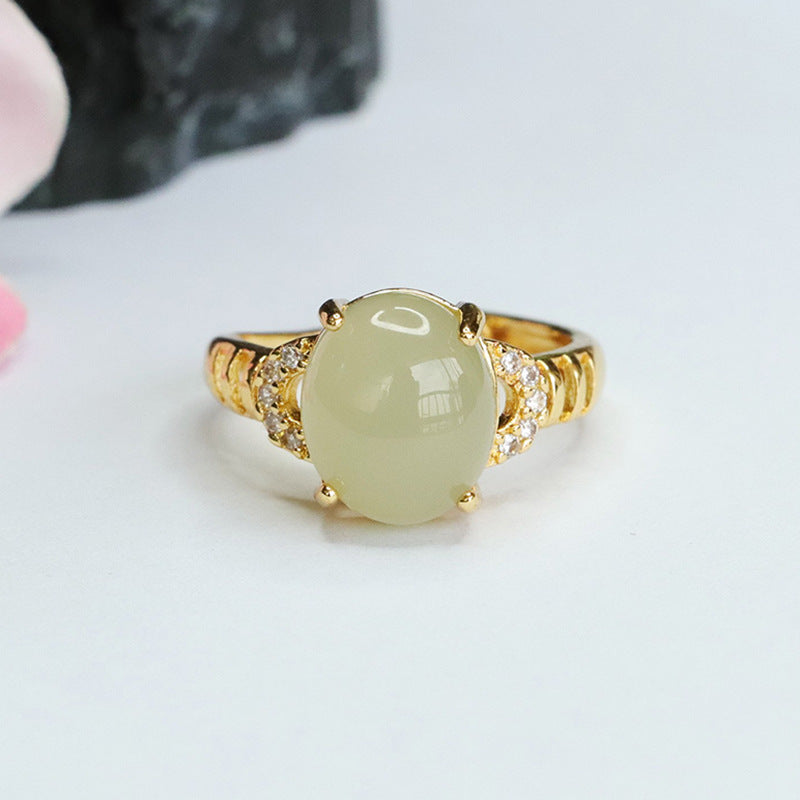 Elegant Sterling Silver Ring with Natural Hetian Jade and Zircon Embellishments