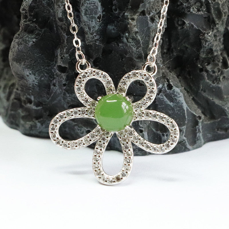 S925 Silver Natural Hotan Jade Pendant Round Jasper Flower Necklace