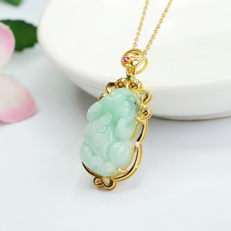 Sterling Silver Pixiu Jade Pendant Necklace with Hollow Edge