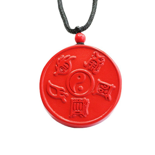 Round Red Cinnabar Pendant with Taoist Symbolism