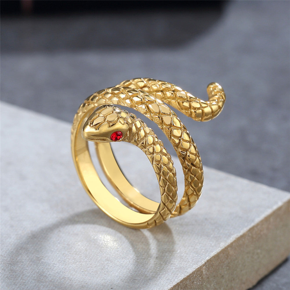 Zircon Eye Coiled Snake Titanium Steel Ring for Men