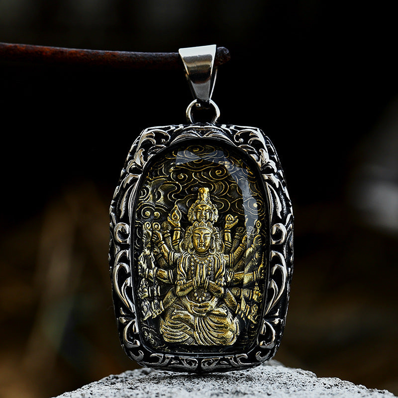 Vintage-Inspired Titanium Steel Guanyin Bodhisattva Pendant for Men - Wholesale Stainless Steel Glass Accessories