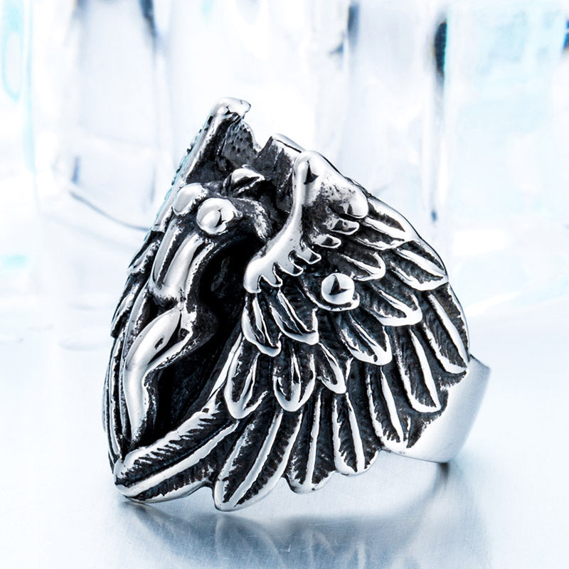 Retro European and American Angel Wings Stainless Steel Ring for Men - Personalized Titanium Cross Design