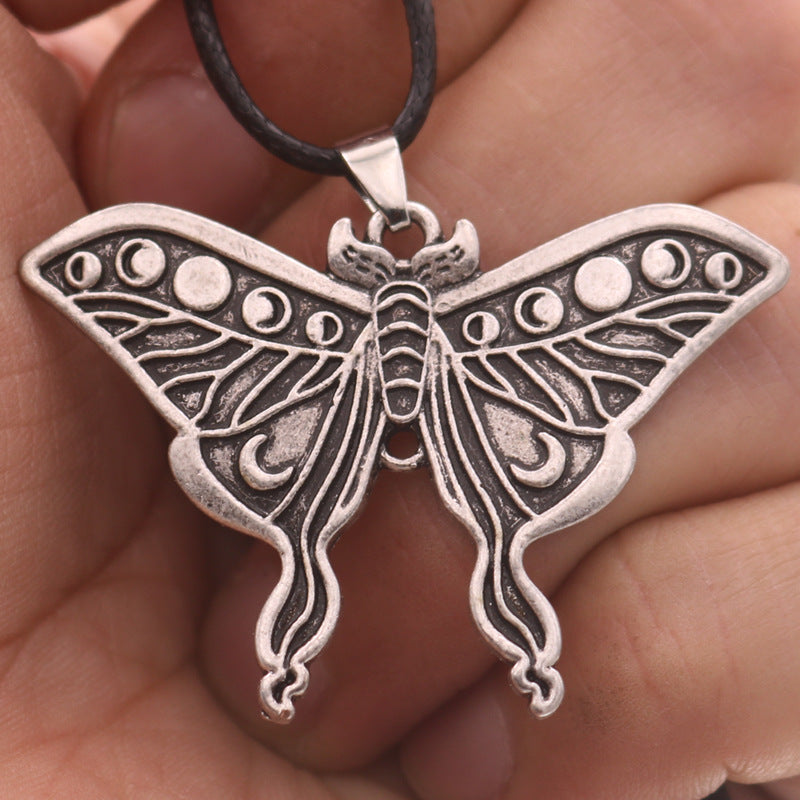 European and American Butterfly Skull Pendant Necklace with Moth Moon Totem