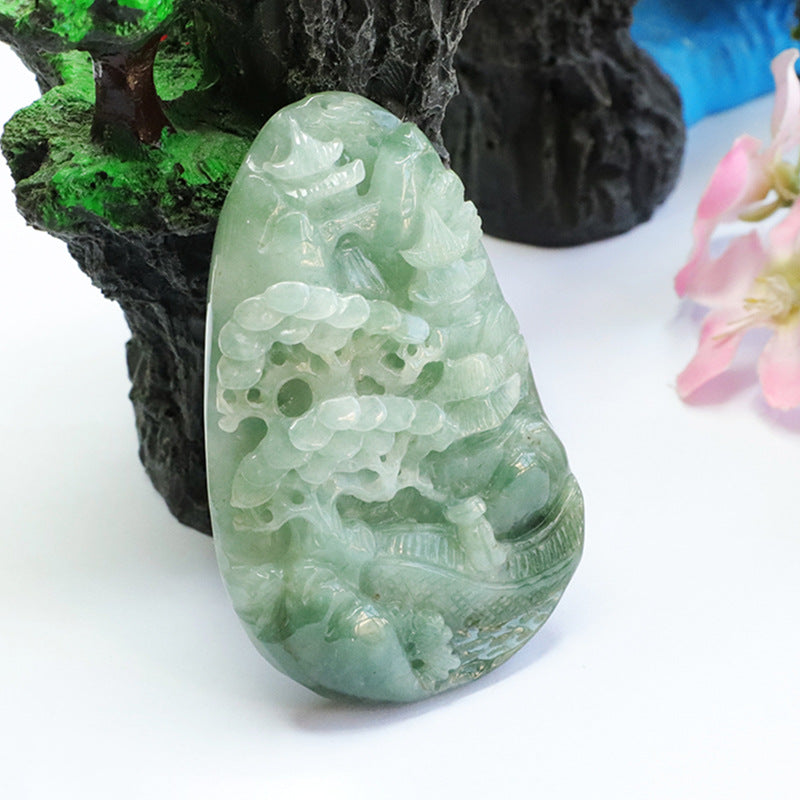 Green Landscape Jade Pendant Engraved with Full Nature Scenery