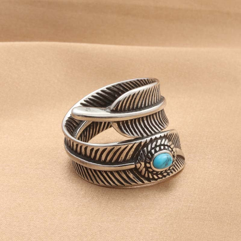 Titanium Steel Turquoise Animal Feather Ring - Retro Trendy Men's Accessory