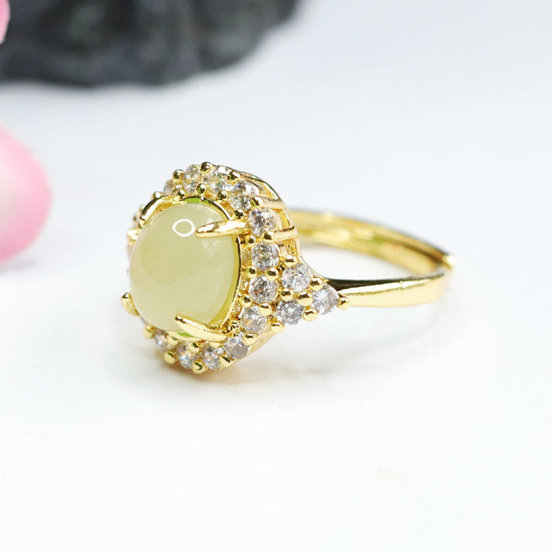 Organic Hetian Jade Ring with Sparkling Zircon Detail, Versatile Sterling Silver Design