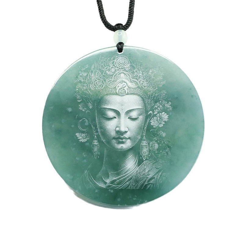 Green Jade Guanyin Bodhisattva Sterling Silver Pendant