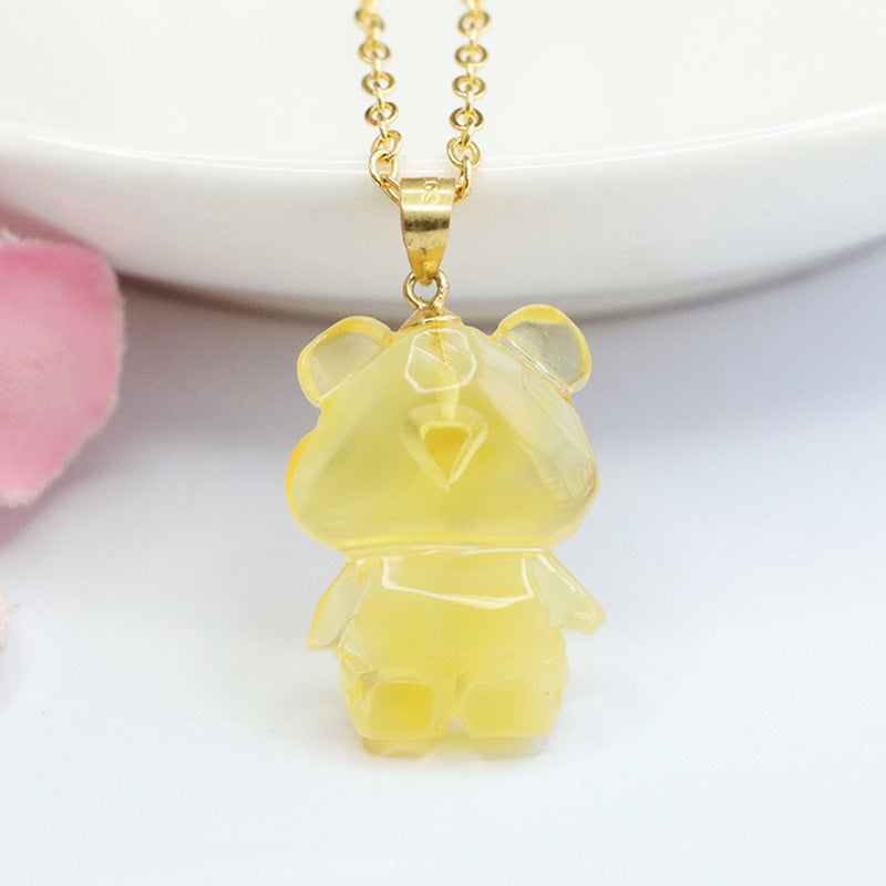 Golden Amber Bear Sterling Silver Necklace