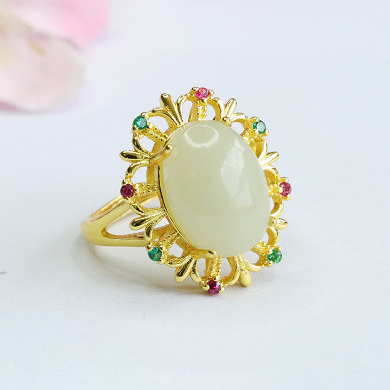 Pigeon Eggs Hetian Jade Zircon Ring - Vintage Hollow Design