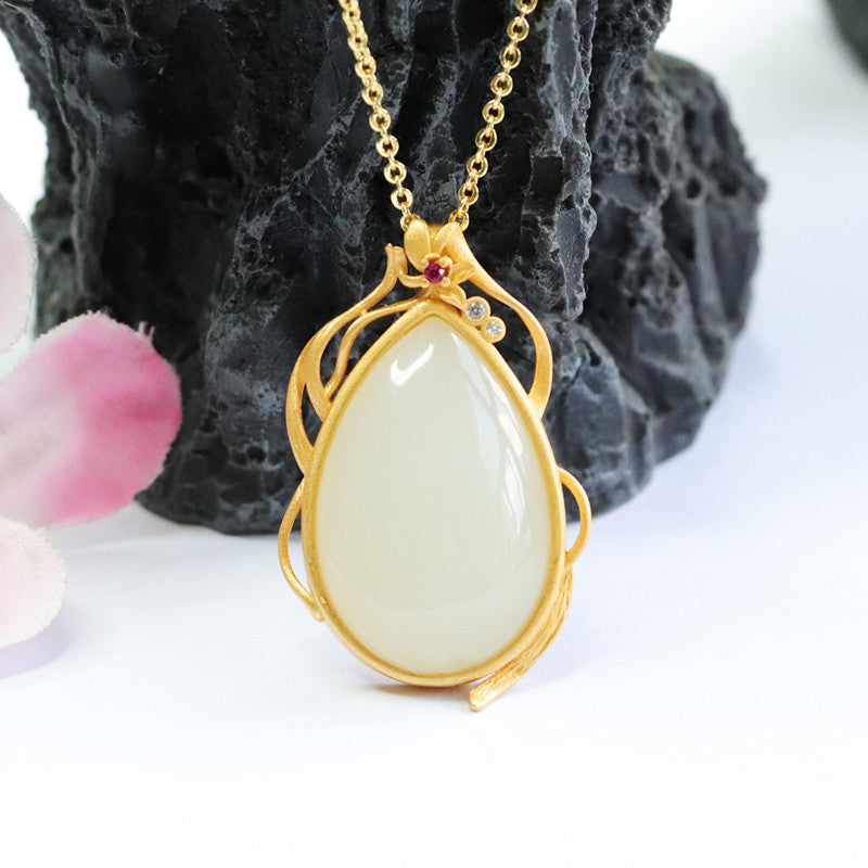 White Jade Drop Necklace with Sterling Silver Lace Detail