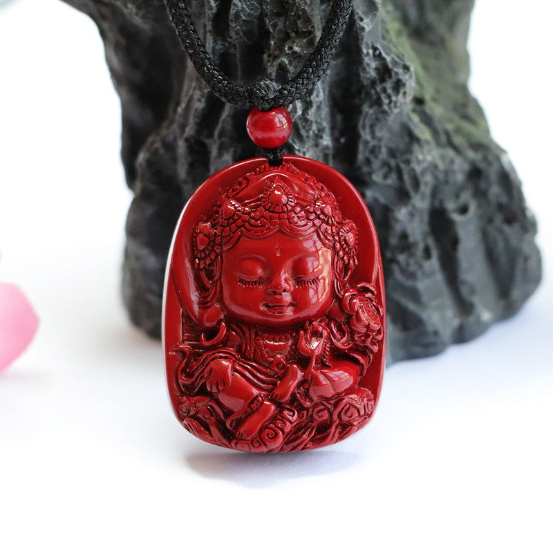 Baby Tara Buddha Purple Gold Sand Pendant with Cinnabar Stone