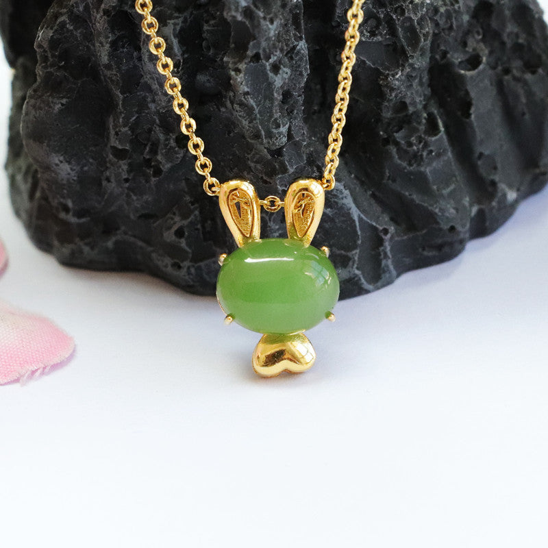 Sterling Silver Rabbit Necklace with Natural Hetian Jade Gem - Fortune's Favor Collection