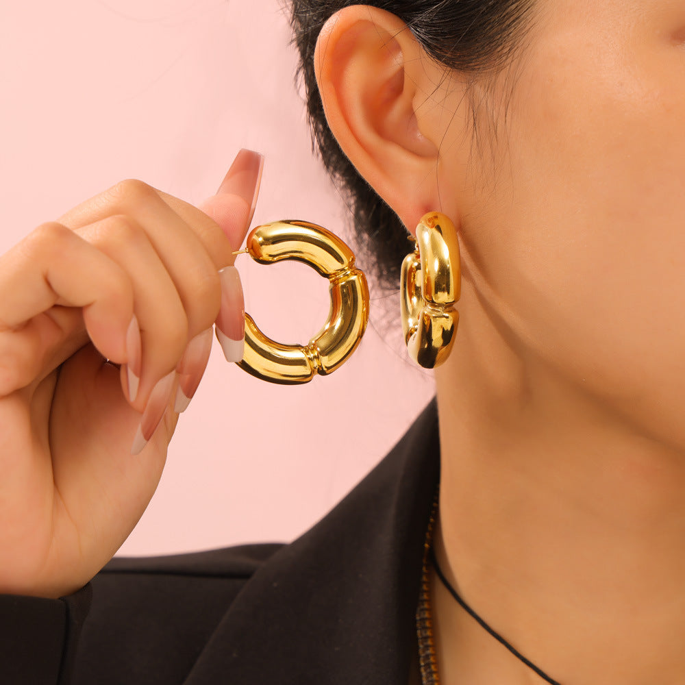 Chic Bamboo Stitched Titanium Gold Earrings