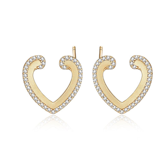 Golden Sandblasting Zircon Hollow Heart Shaped Sterling Silver Stud Earrings