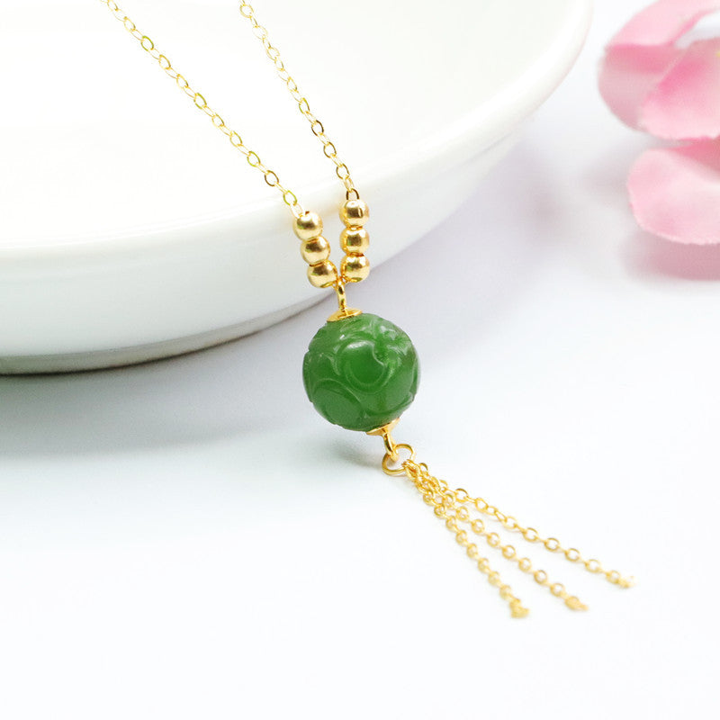 Sterling Silver Jade Tassel Necklace with Natural Hetian Jade Beads