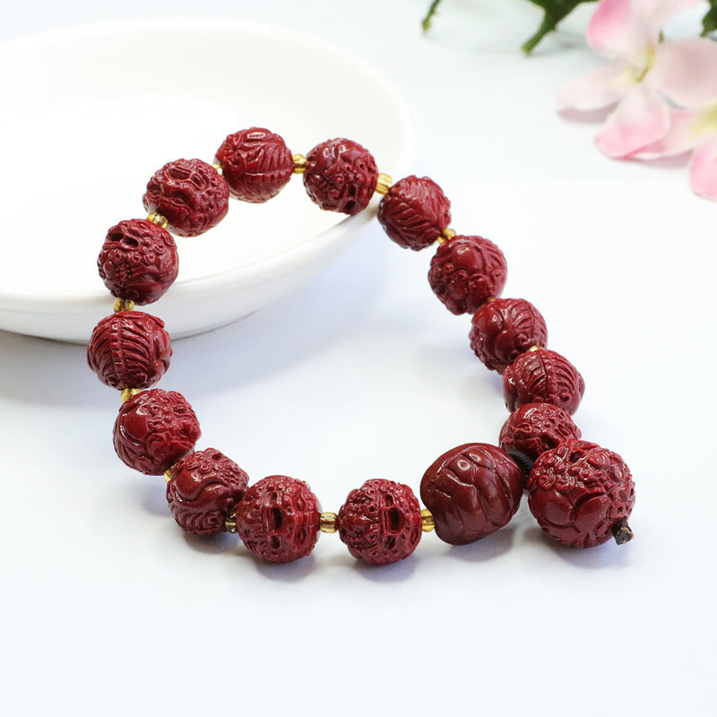 Cinnabar Pixiu Round Bead Sterling Silver Bracelet