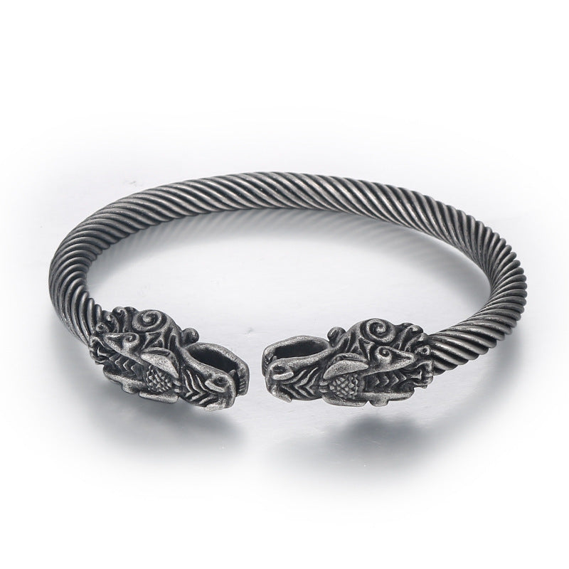 Titanium Steel Double-Headed Dragon Bracelet for Men - Retro Personalized Pendant Jewelry in European and American Style