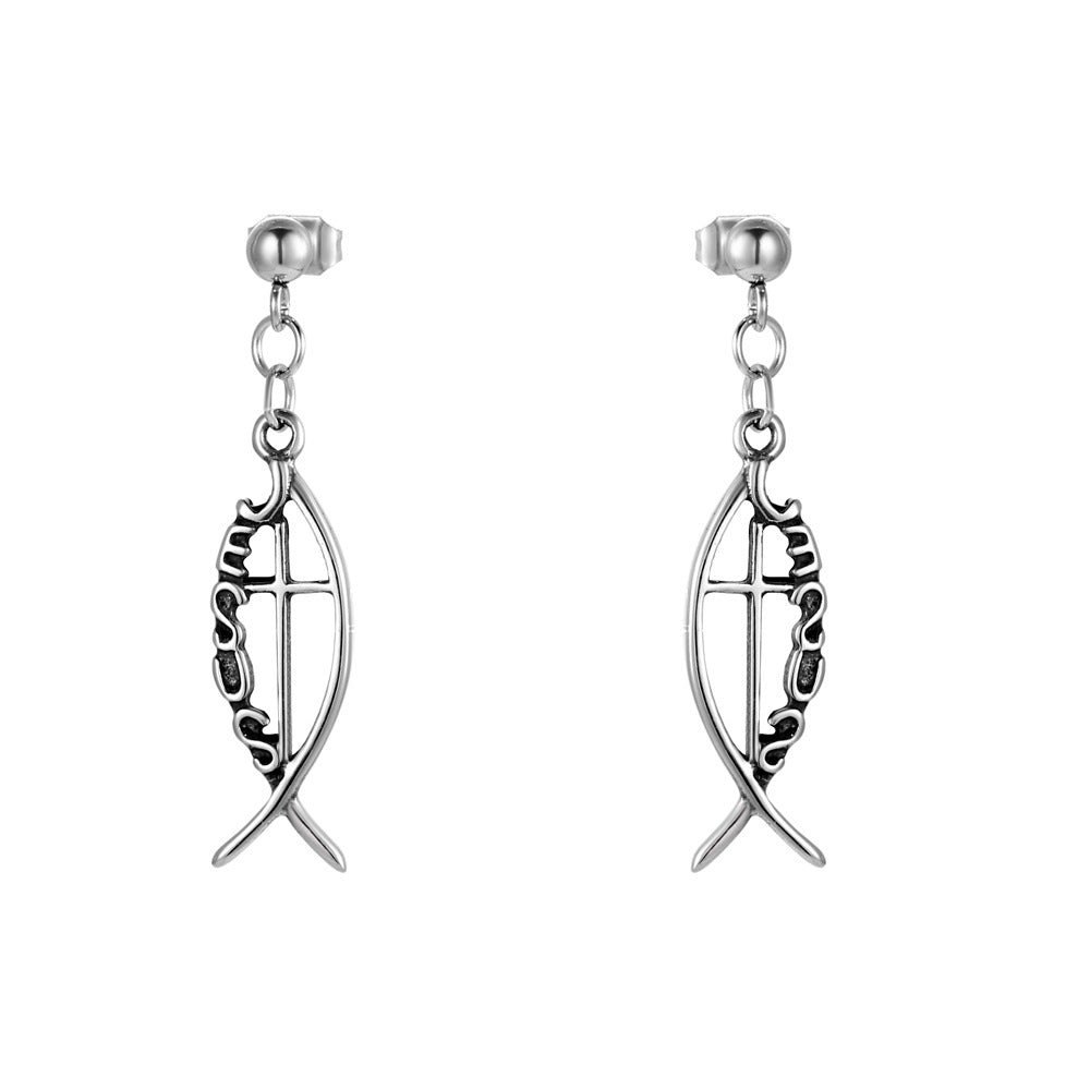 Charming Titanium Steel Fish Earrings - Antique Mori Style for Women