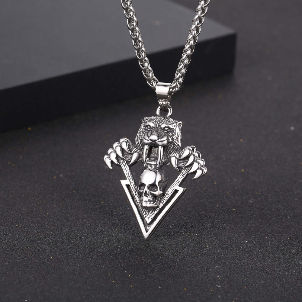 Titanium Steel Saber-Toothed Tiger Pendant Necklace with Retro Skull Design for Men