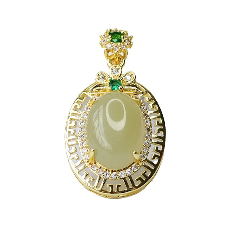 Natural Hotan Jade Pendant with Hollow Zircon Detail