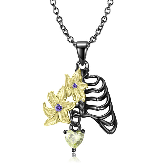 Halloween Floral Body Skeleton with Zircon Silver Necklace