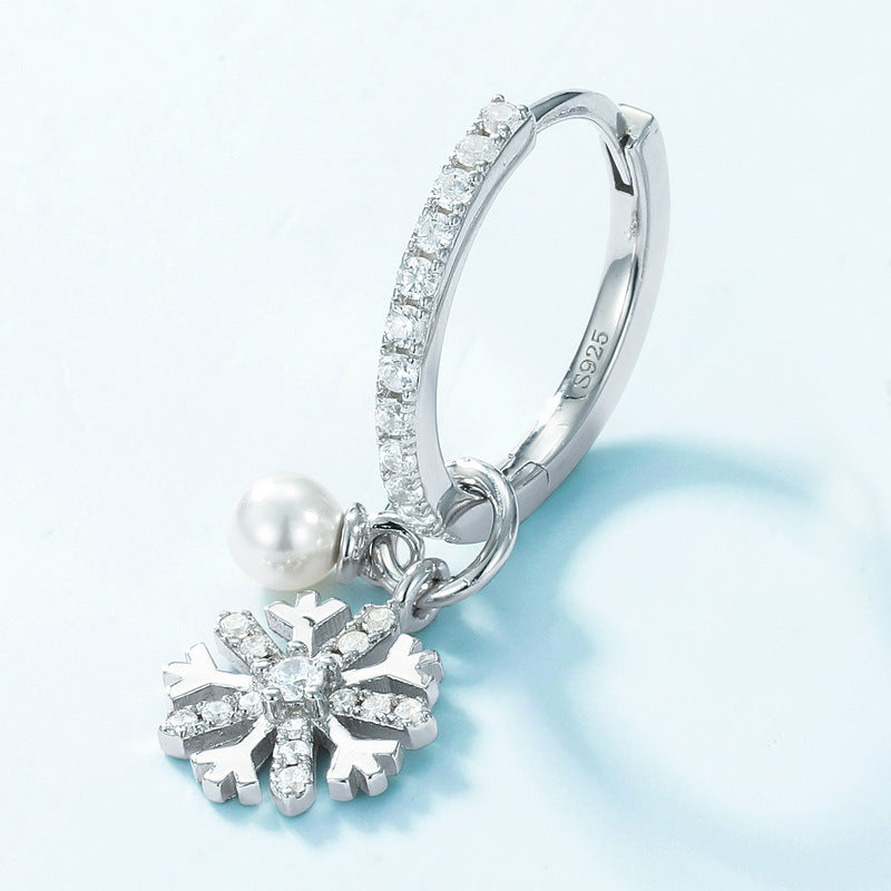 Round Pearl and Snowflake Pendnat Zircon Sterling Silver Hoop Earrings